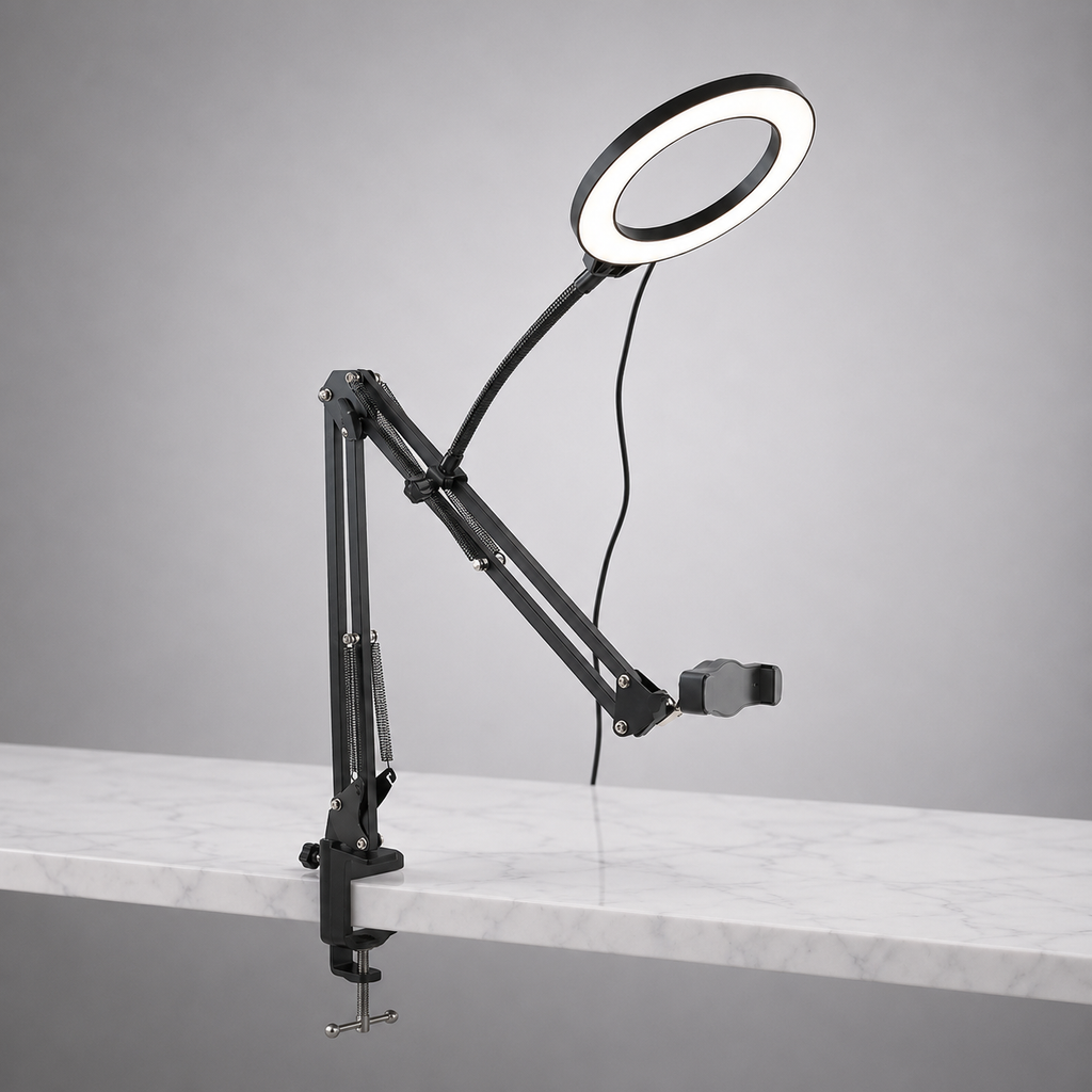 Overhead Ring Light Arm — Desktop Phone Mount for Videos, Streaming & Content Creation