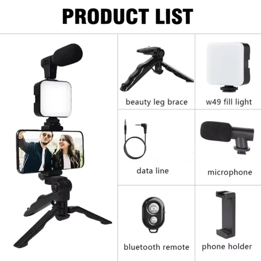 Vlogging Kit — Tripod, LED Fill Light & Mic for TikTok, YouTube & Live Streaming