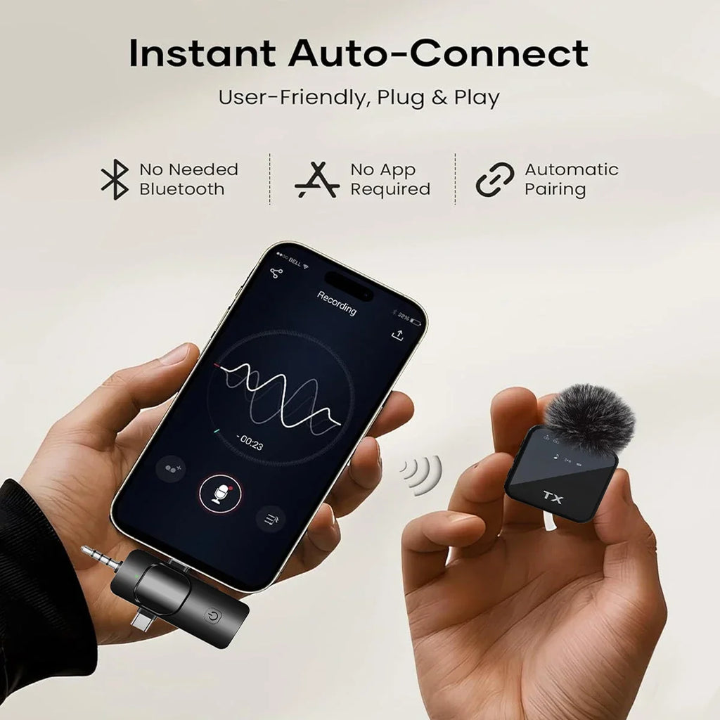 Wireless Lavalier Microphone — 3-in-1 for iPhone, Android & Camera