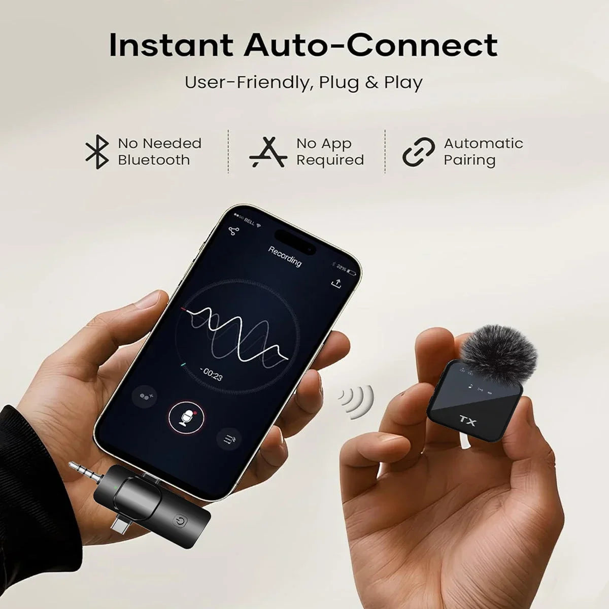 Wireless Lavalier Microphone — 3-in-1 for iPhone, Android & Camera