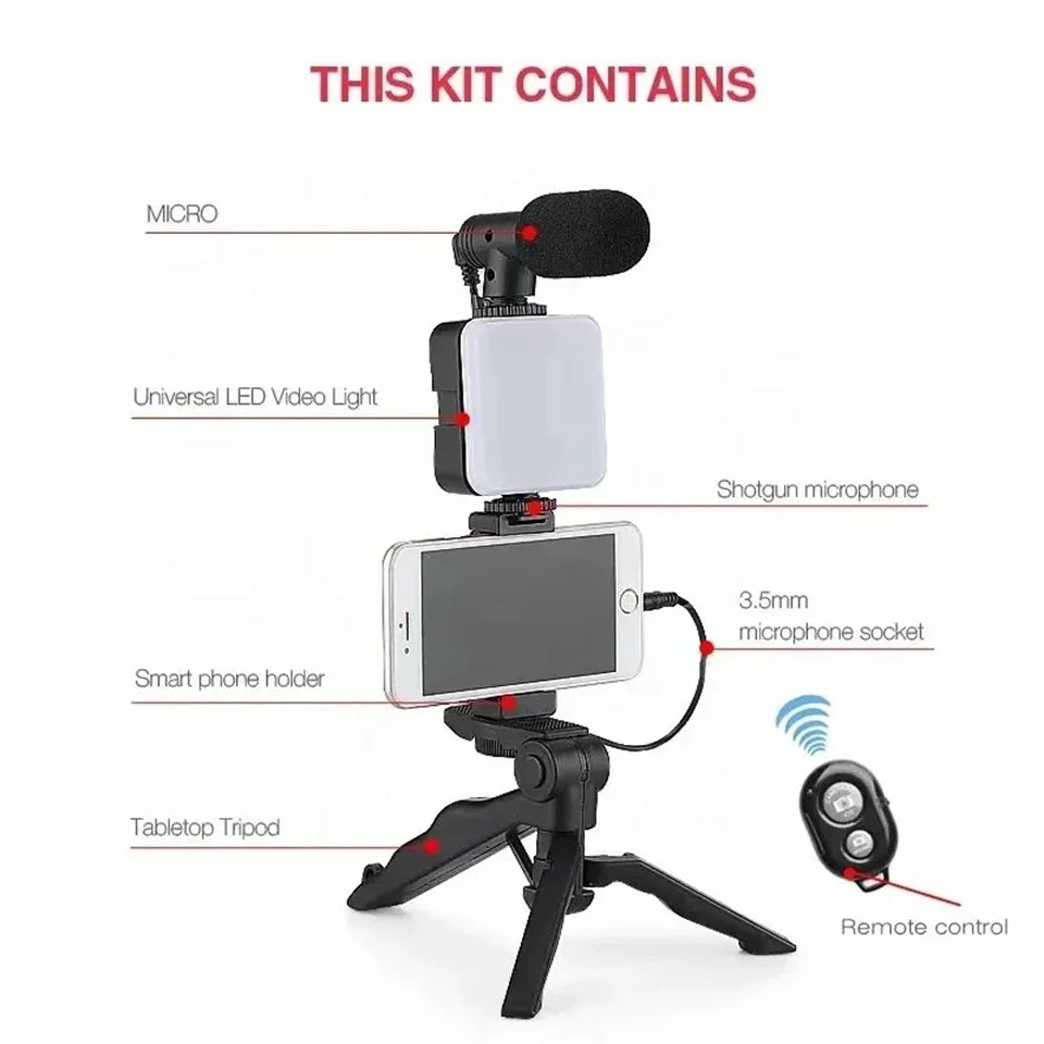 Vlogging Kit — Tripod, LED Fill Light & Mic for TikTok, YouTube & Live Streaming