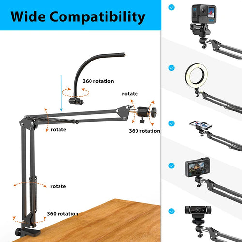 Overhead Ring Light Arm — Desktop Phone Mount for Videos, Streaming & Content Creation